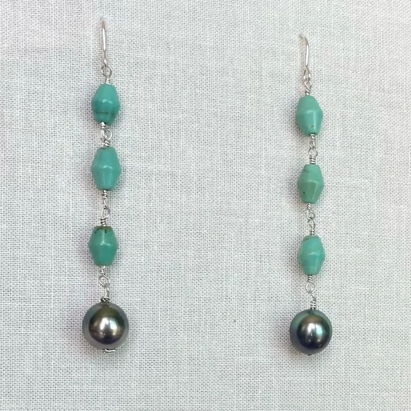 Turquoise & Tahitian Pearl Earrings 🌺 - Picture 2 of 2